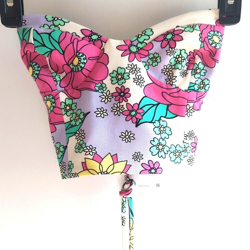 Zara Womens Top Medium Pink Crop Floral Strapless White Purple Tie Flower NEW